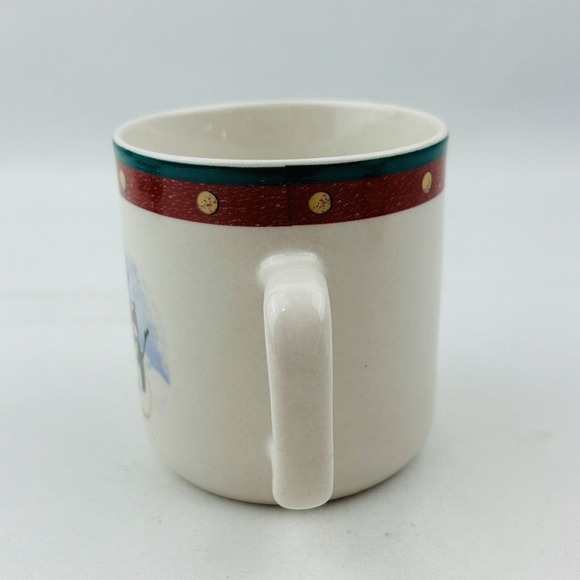 Royal Seasons Snowmen 4 Mug Lot 3.25" Cup Red‎ Band Dots Green Trim Stoneware - Picture 6 of 10